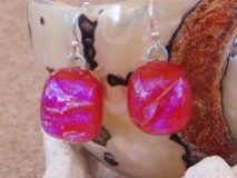 Earrings - magenta dichroic over red opal, 1/2" square
