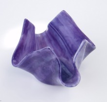Violet and white single-layer candle holder, 4"x4"x4". Another example of slumping "non-fusible" glass.