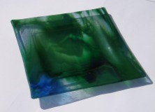 Green and blue single layer slumped plate. 7 1/2" square